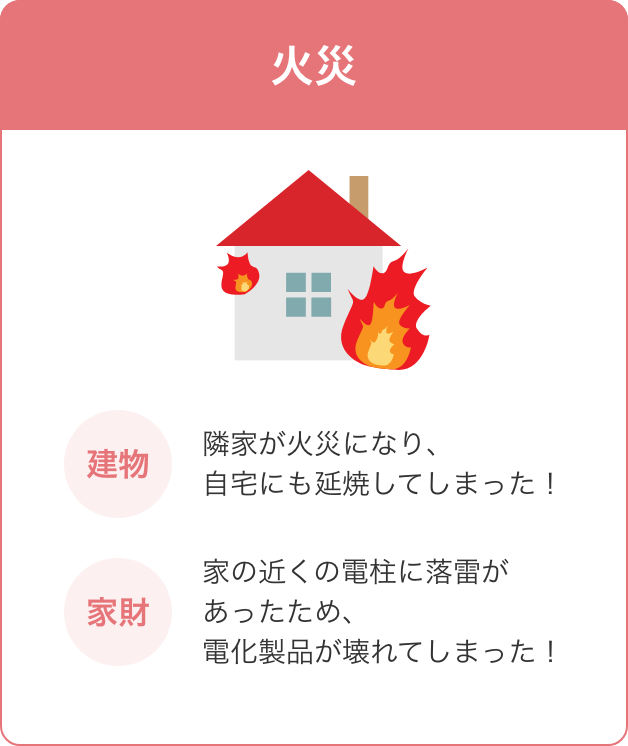 火災 隣家が火災になり、 自宅にも延焼してしまった！ 家の近くの電柱に落雷が あったため、電化製品が壊れてしまった！