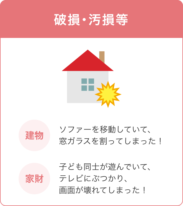 破損・汚損等 建物外部からのソファーを移動していて、窓ガラスを割ってしまった！専用水道管が凍結により 破損してしまった！ 子ども同士が遊んでいて、テレビにぶつかり、画面が壊れてしまった！